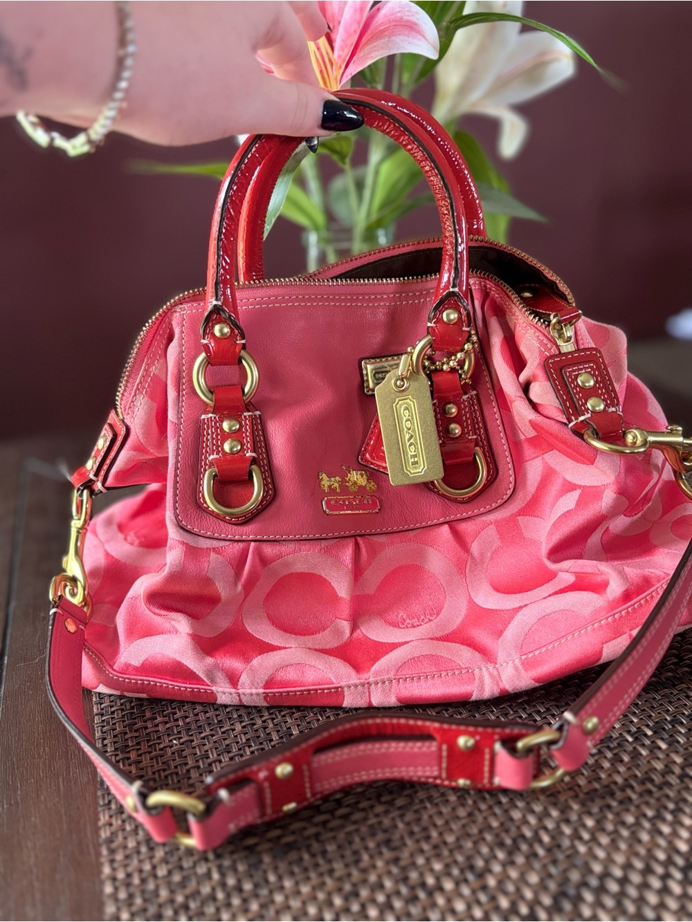 Coach Pink Signature Canvas Satchel with Red Trim and Gold Hardware